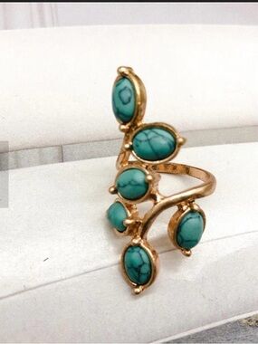 Turquoise Cascade Open Wrap Gold Ring – Boho Statement Band